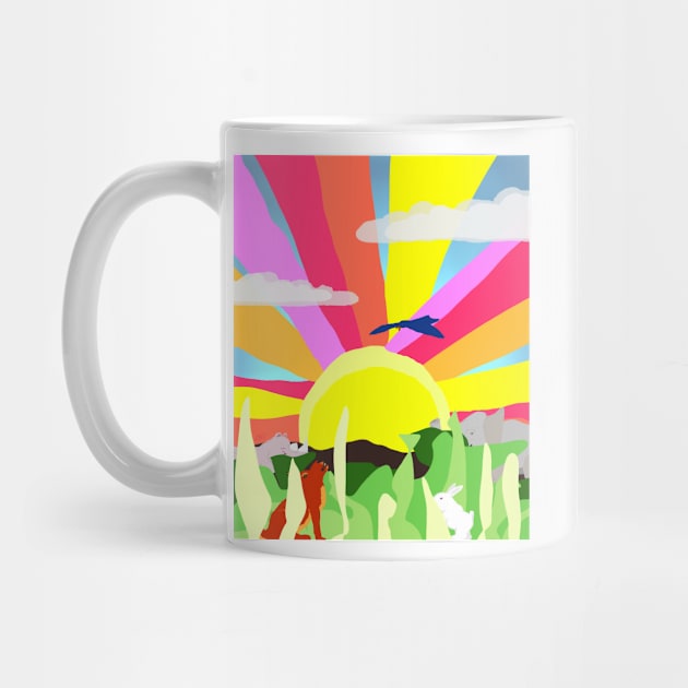 The Quiet Sunrise, with animals in a peaceful fun and colorful landscape by davidscohen